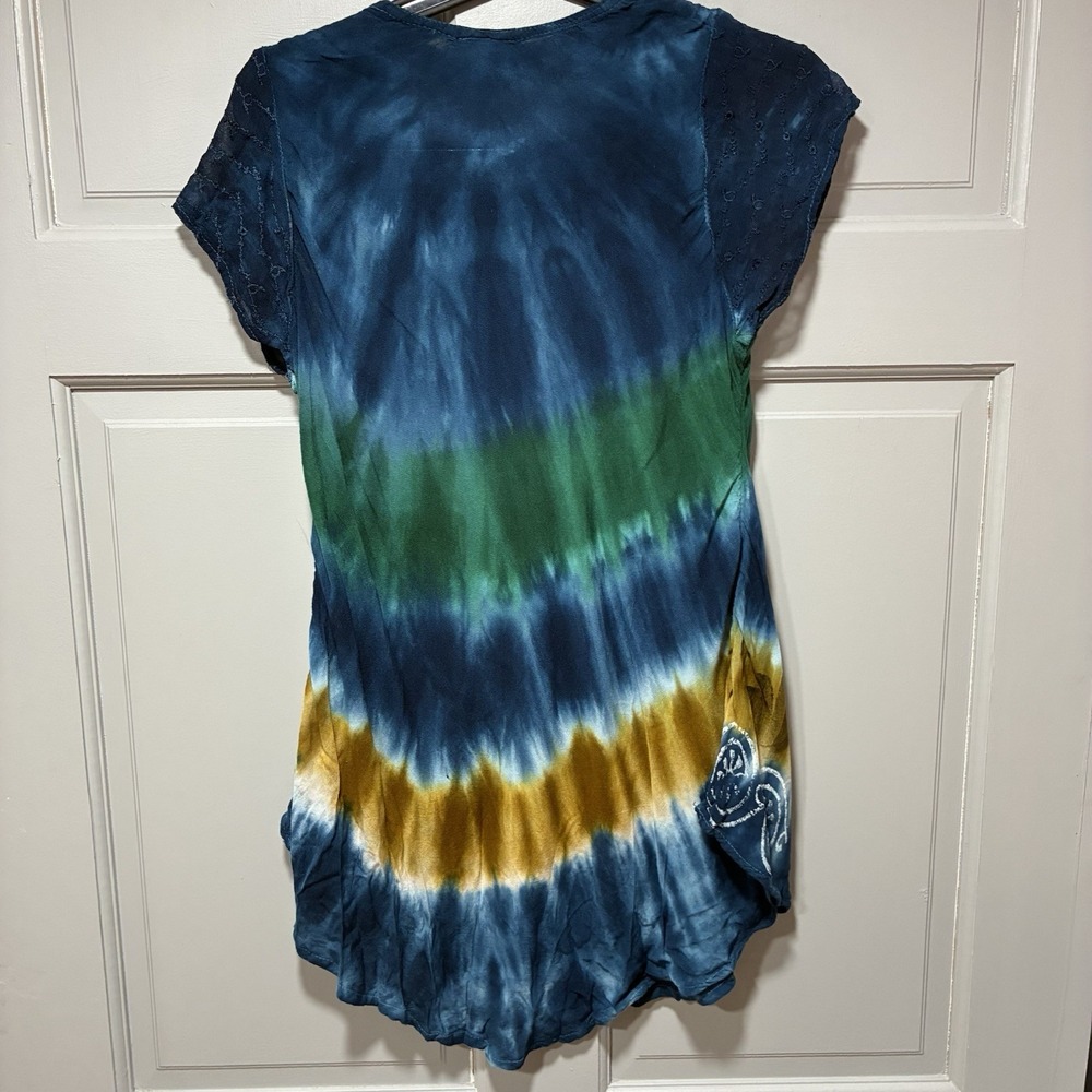 Jackpot Women's Boho‎ Festival Tie Dye Tunic Top Free Size Short Sleeves Blue - Picture 6 of 11
